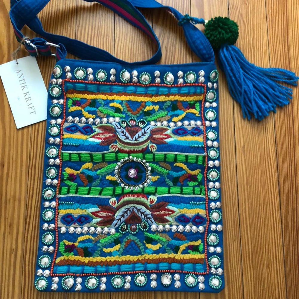 NWT Antik Kraft blue embellished cross body bag with pompom